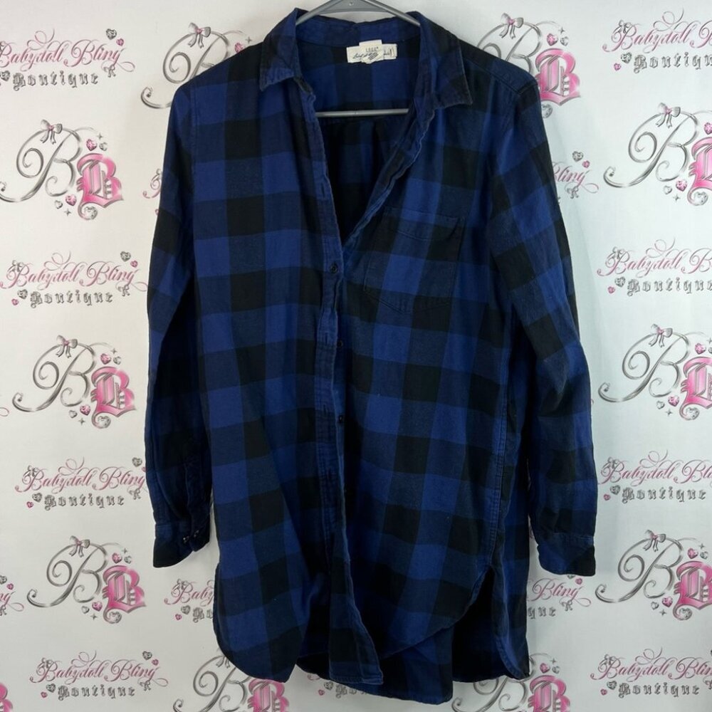 Label of graded goods button down long Blue and Black Checkered Shirt checker